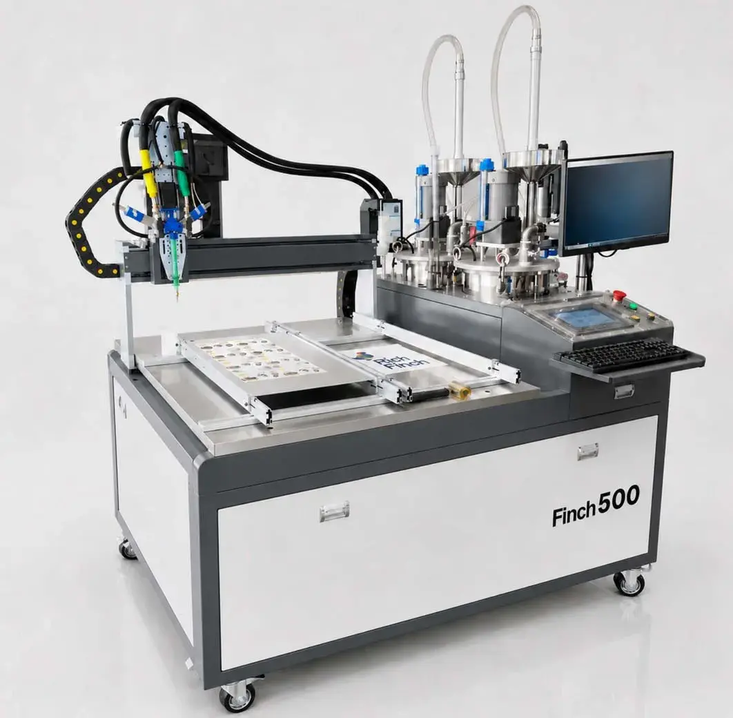 Finch500 automatic doming machine at a three-quarter angle, sheets laid out on its work table