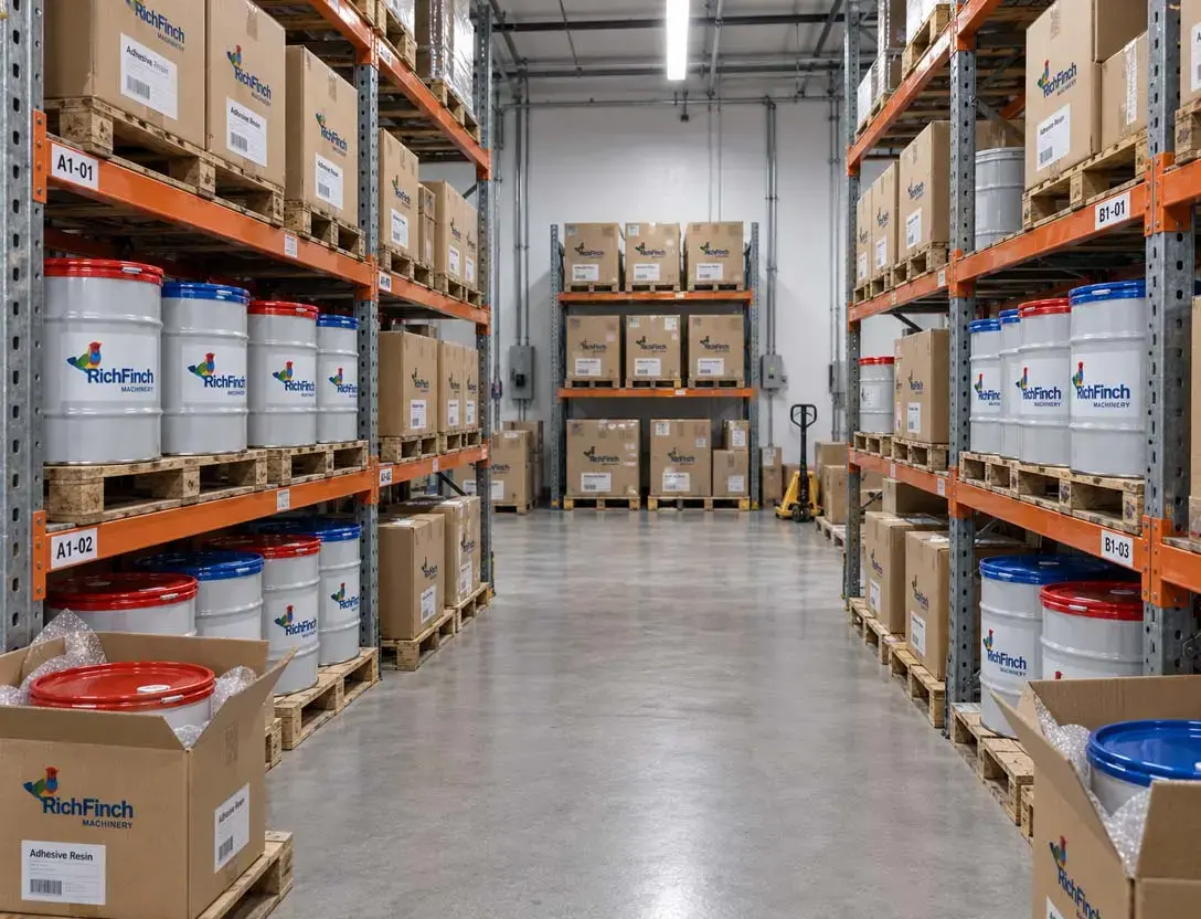 Warehouse shelf holding a stock of sealed resin containers
