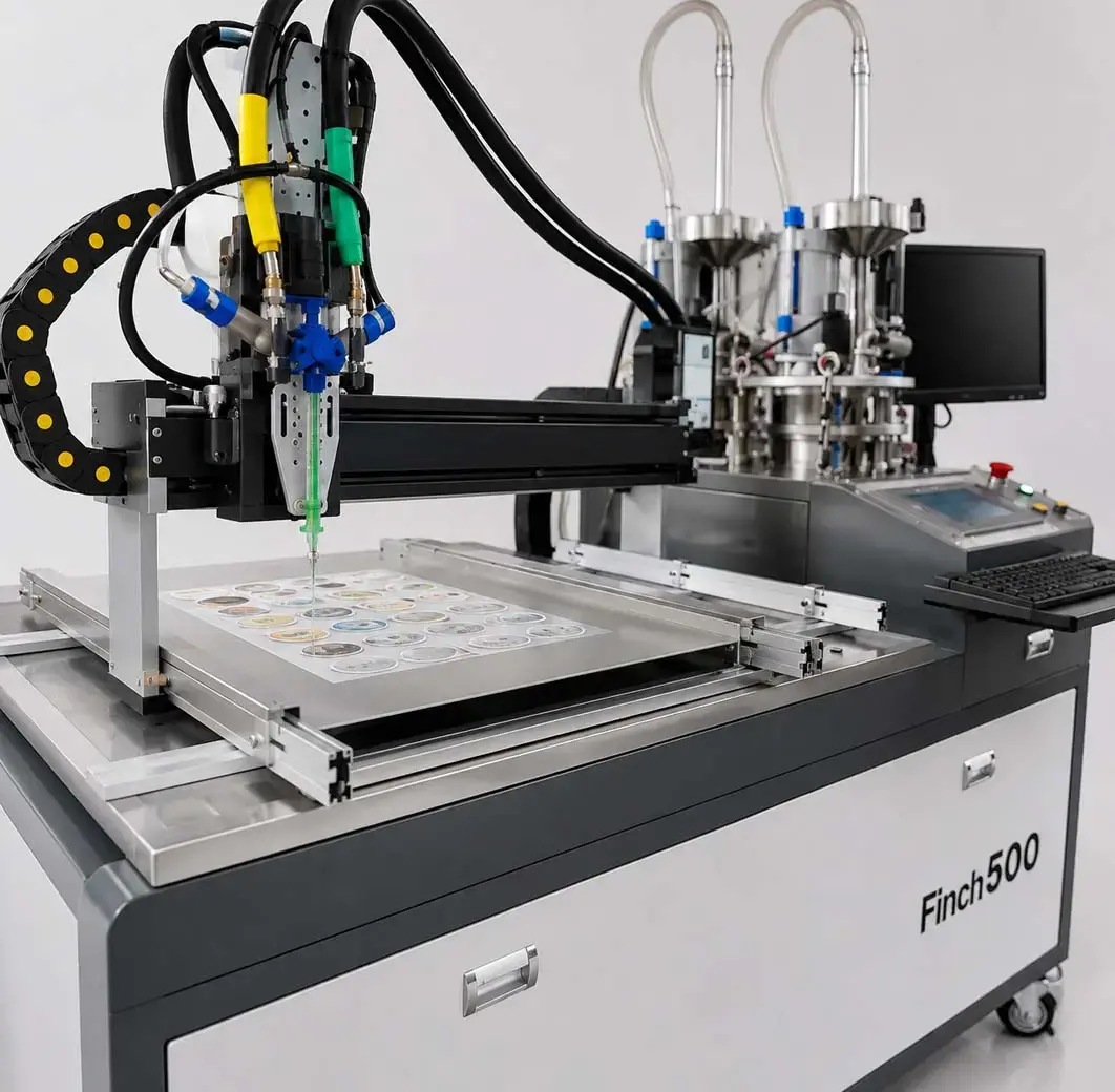 Finch500 doming machine in a studio, the dispensing needle over a sheet of stickers on the work table