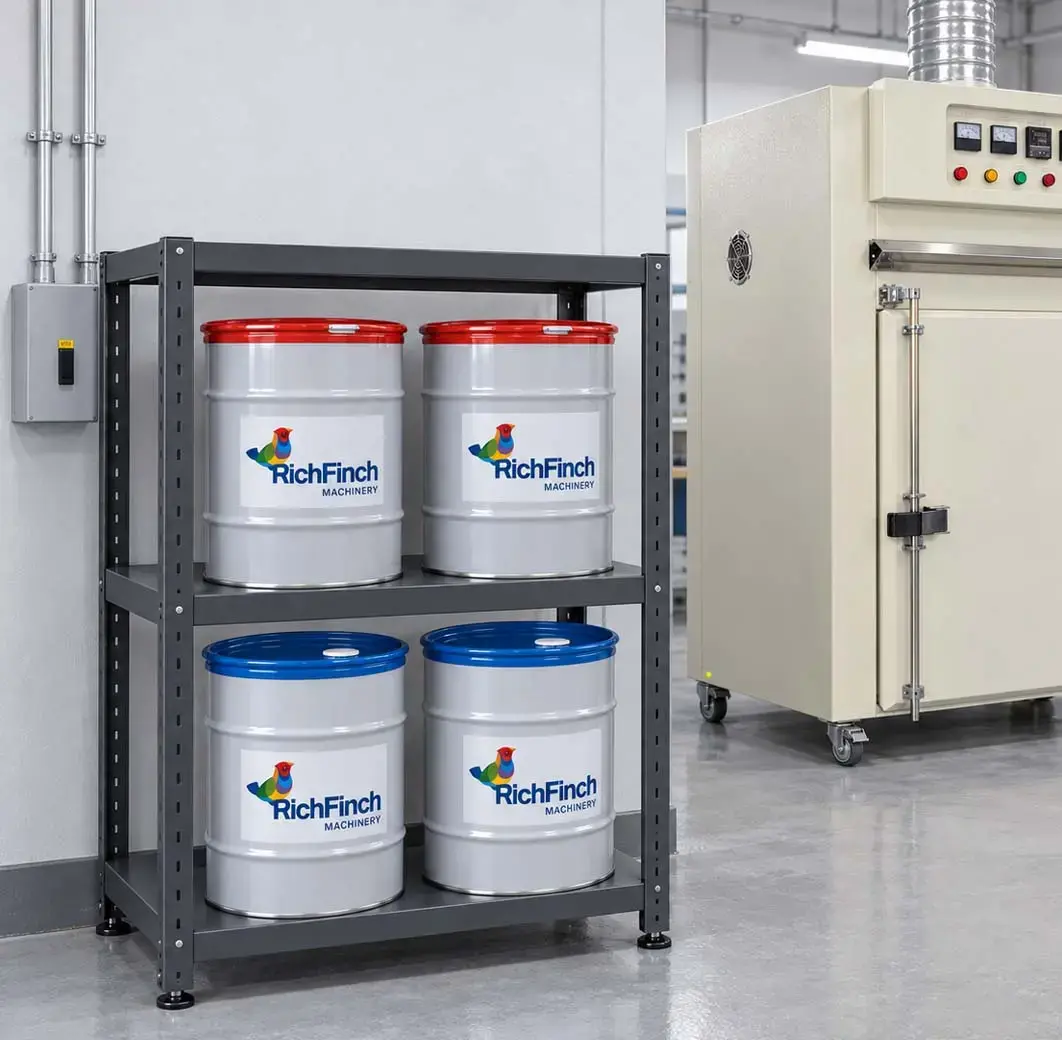 Production containers of two-component polyurethane resin on a metal rack beside the curing oven